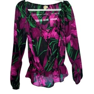 Michael Kors - Black and Purple Hawaiian Rose Floral Peasant Blouse - Size L